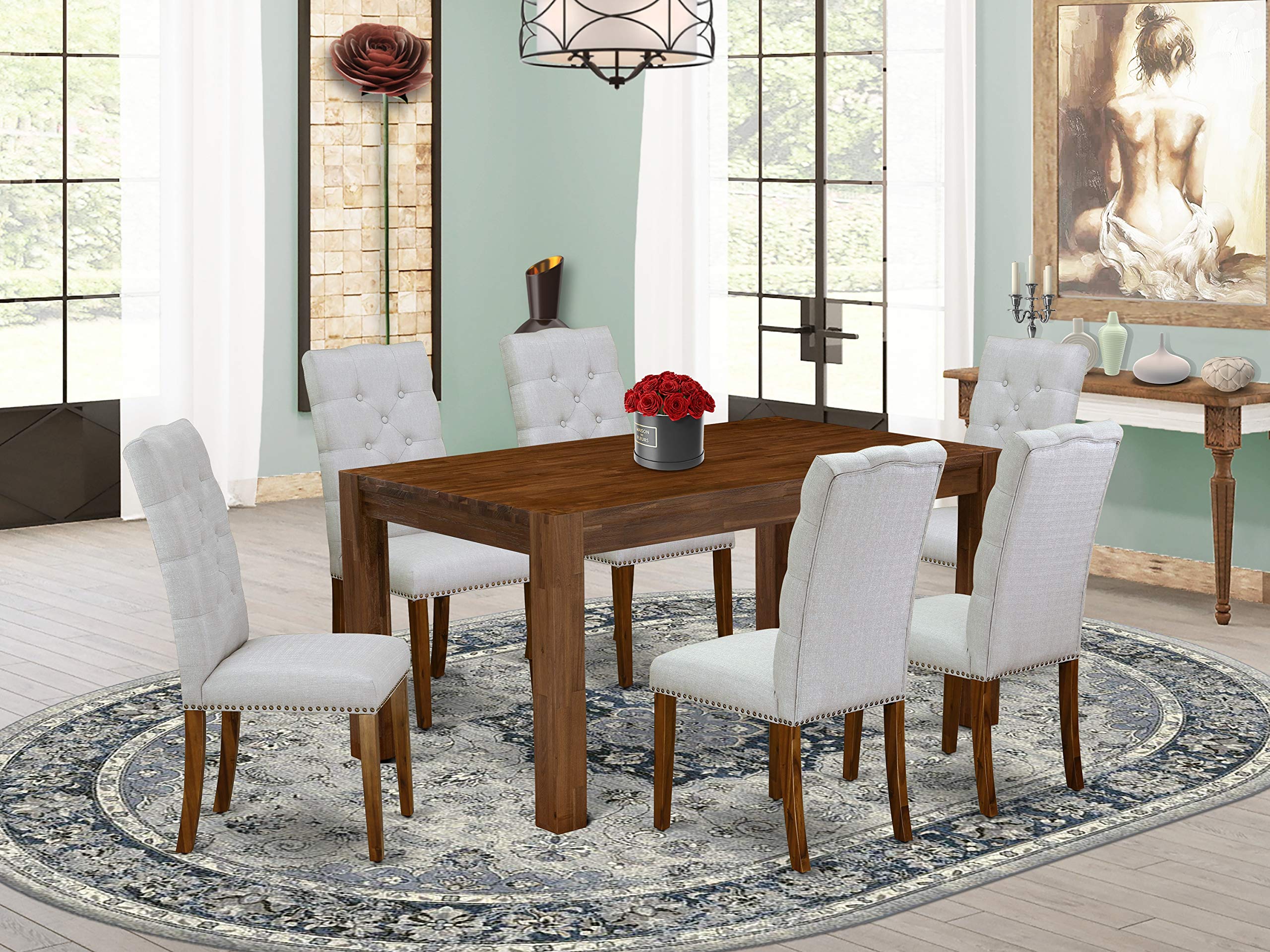 East West Furniture Cnel7-N8-05 Celina 7 Piece Kitchen Set Consist Of A Rectangle Rustic Wood Room Table And 6 Grey Linen Fabric Parson Dining Chairs, 36X60 Inch